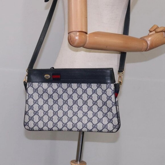 GUCCI GG Supreme Sherry Line Shoulder Bag PVC Red Navy Auth 111590 - Picture 15 of 16